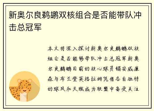 新奥尔良鹈鹕双核组合是否能带队冲击总冠军