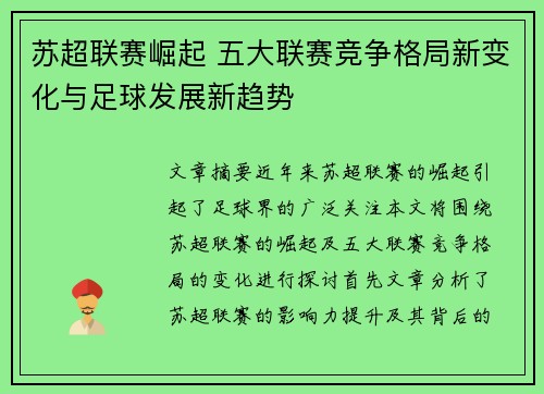 苏超联赛崛起 五大联赛竞争格局新变化与足球发展新趋势